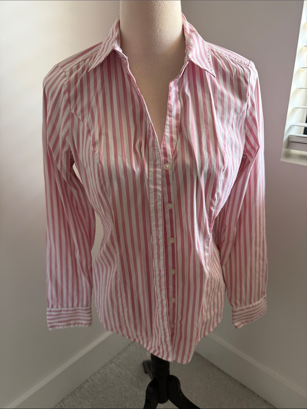Express Pink and White Vertical Stripe Button-Down Shirt